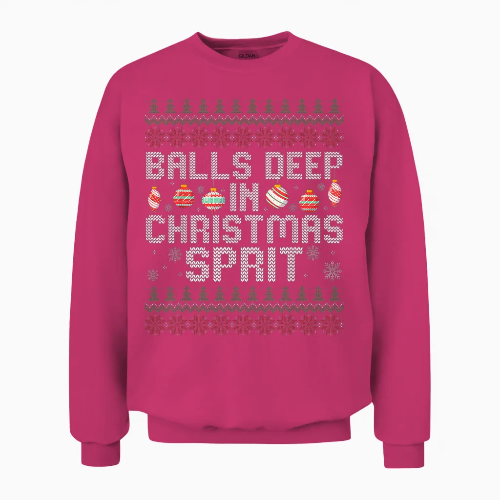 Balls Deep in the Christmas Spirit Matching Couples Ugly Unisex Sweatshirt in Heliconia