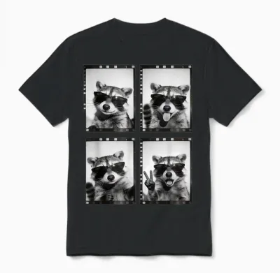 Lustiger Waschbär Photobooth Retro Film Strip Sonnenbrille Meme Unisex T-Shirt - Black