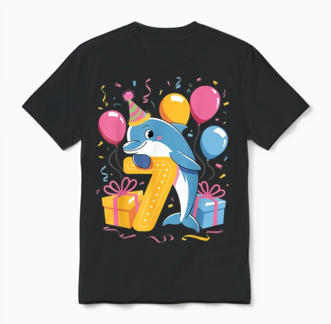 Delfin 7. Geburtstag Junge Mädchen 7 Jahre Alt Siebter Delfin Unisex T-Shirt in Black