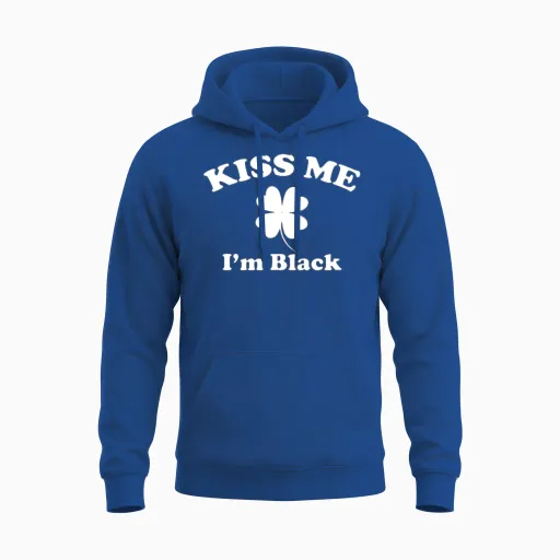 Kiss Me I'm Black Shamrock St Patricks Day Clover Unisex Hoodie in Royal