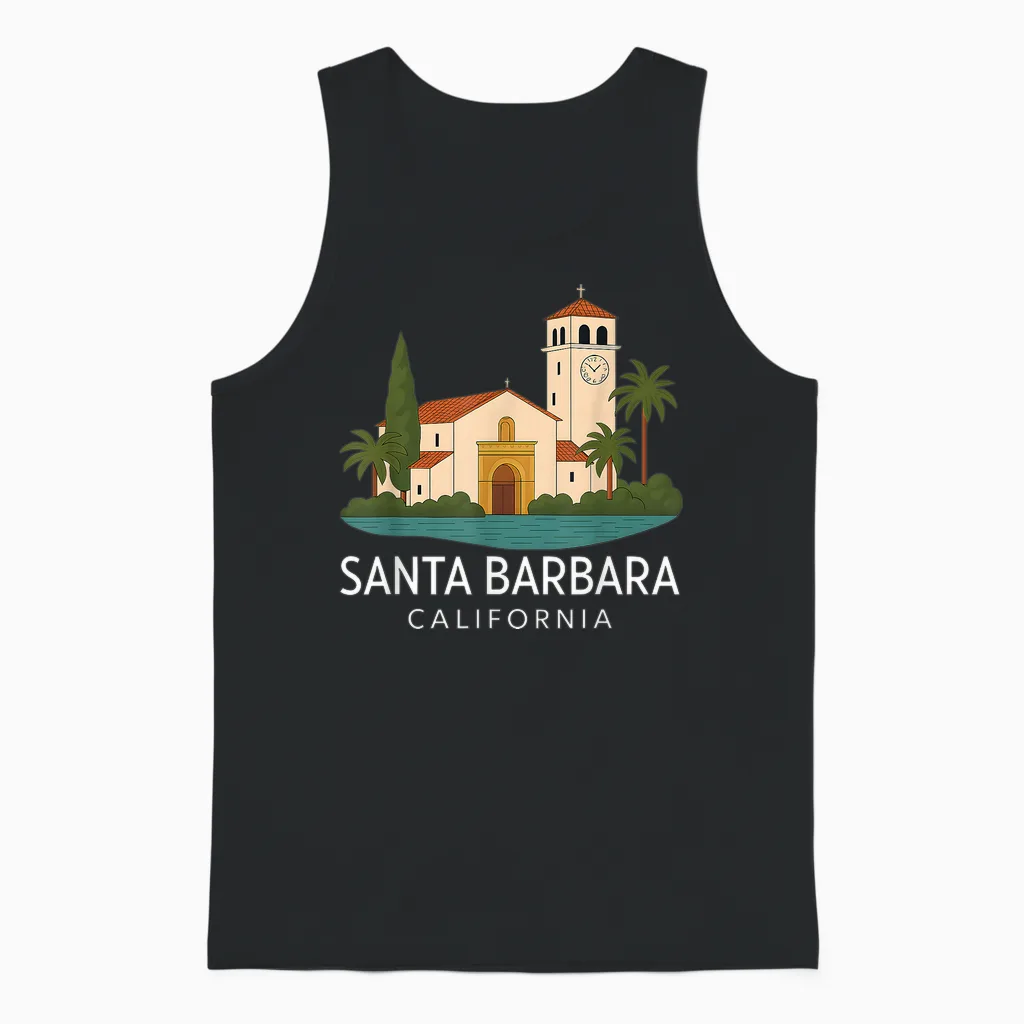 Santa Barbara Beach Retro California Surf Isla Vista Mission Unisex Tank Top in Black