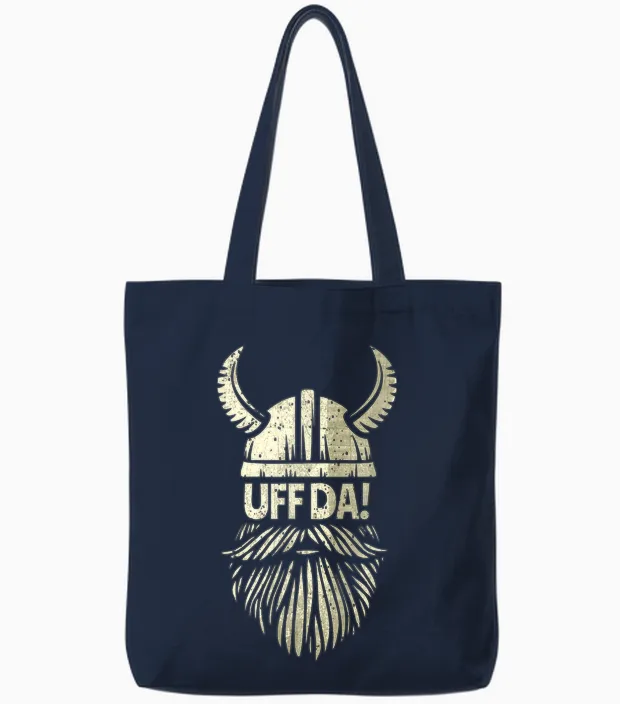 Uff Da Norwegian Quote Scandinavian Viking Helmet Beard Man Tote Bags in Navy