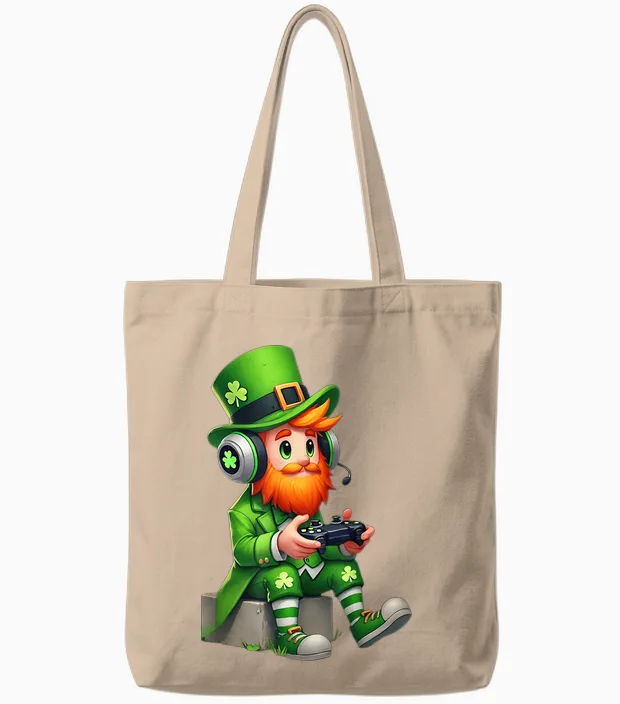 Video Game Leprechaun St Patricks Day Gamer Kids Boys Gaming Tote Bags in Natural