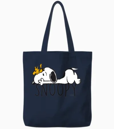 Peanuts - Snoopy with Woodstock Long Sleeve Shirt, Black, S Tote Bags - Navy