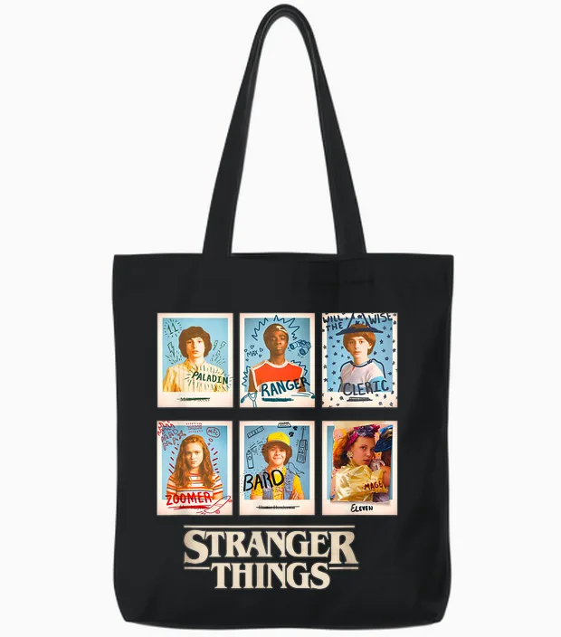 Stranger Things Main Characters Vintage Yearbook Pictures Tote Bags in Black