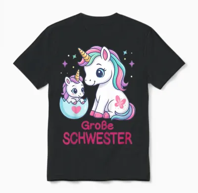Big Sister Unicorn Motif Cute Rainbow Children's Unisex T-Shirt - Black
