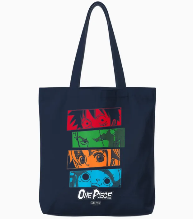 One Piece Anime Straw Hat Crew Character Eyes Tote Bags in Navy