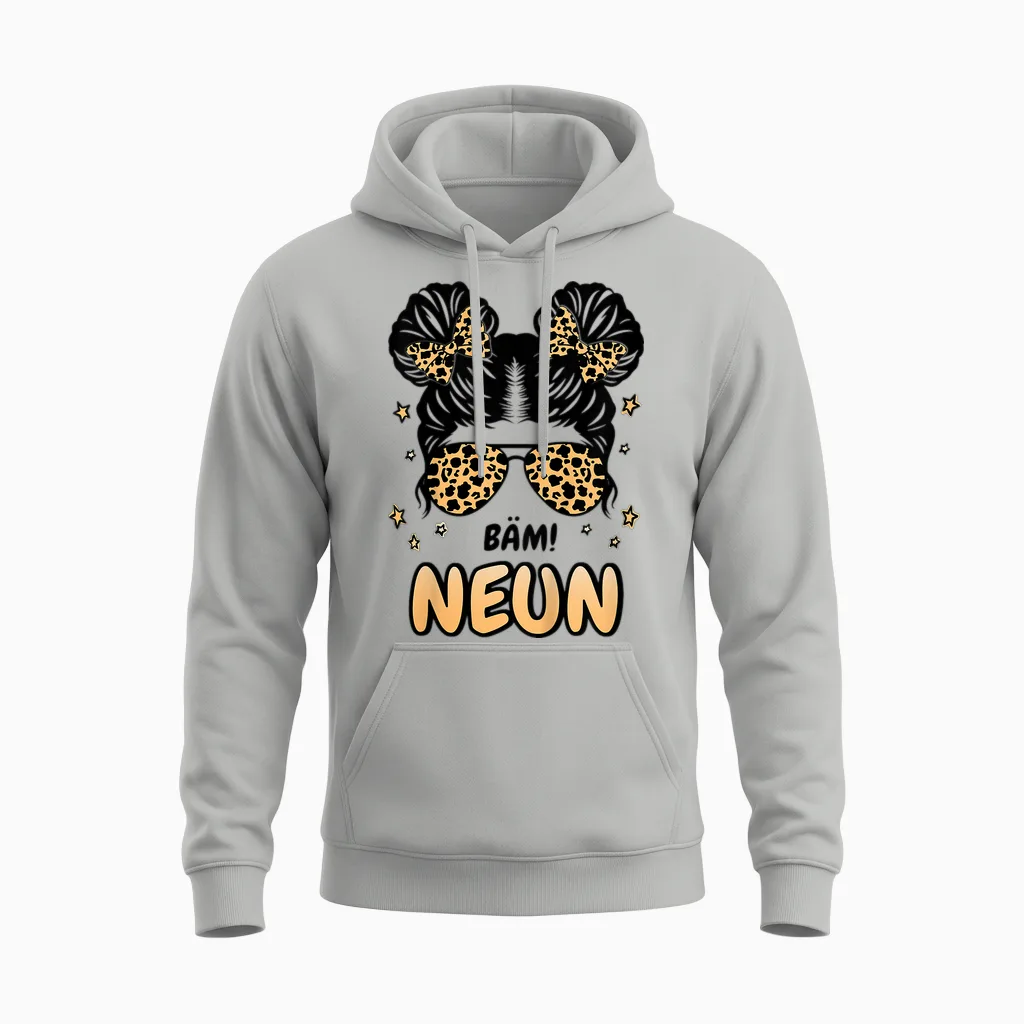 Kids 9th Birthday Girl Messy Bun Bäm! Ich Bin Nine Unisex Hoodie in Ash