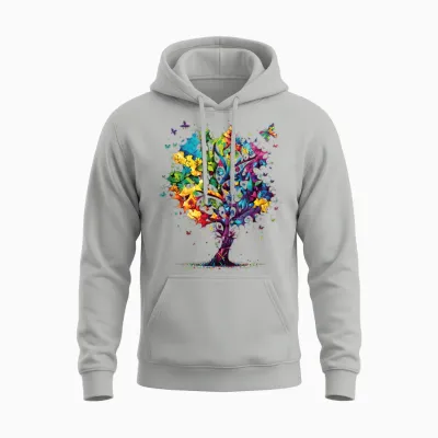 Awareness Autism Puzzle Pieces Colorful Tree Neurodiversity Unisex Hoodie - Ash