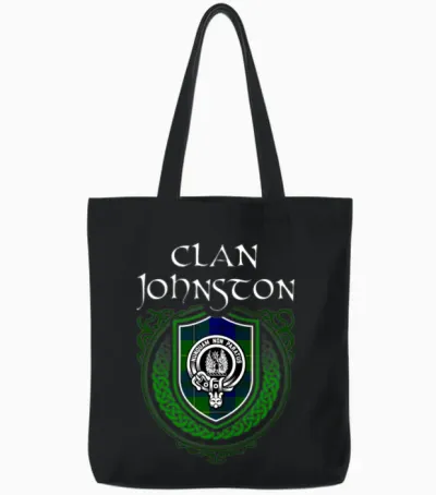 Clan Johnston Scottish Crest Badge and Tartan Tote Bags - Black
