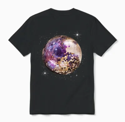 Disco Ball in Space Galaxy Club Retro T-Shirt, Black Unisex T-Shirt - Black