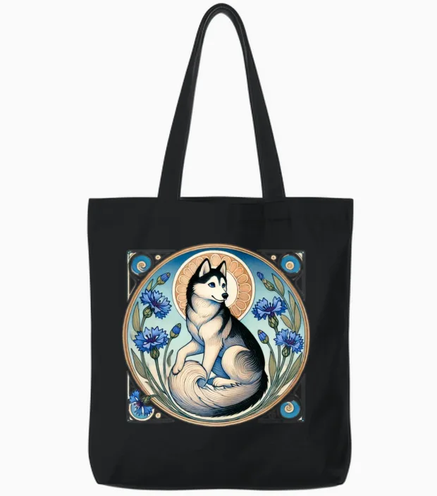 Retro Siberian Husky Tote Bags in Black