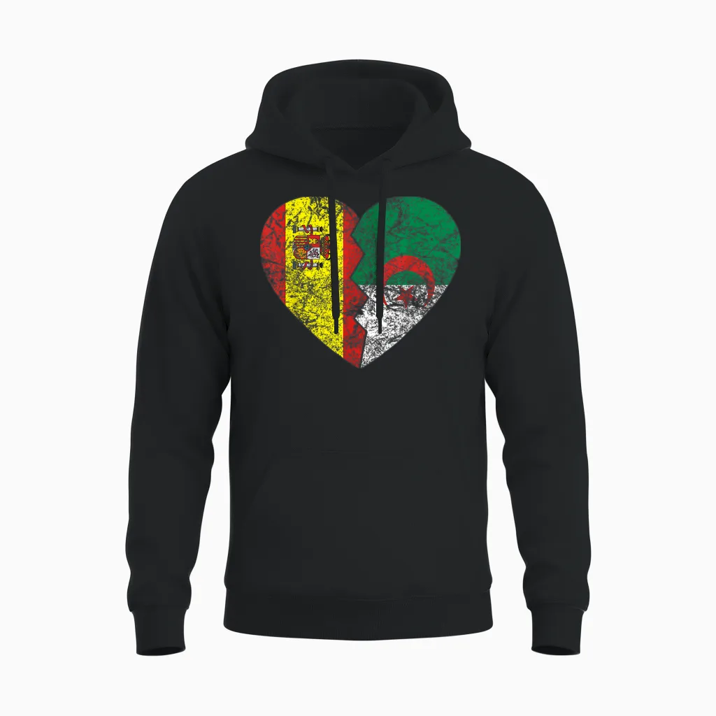 Drapeau De L'espagne Algérie Cœur | Espagne Algérie Roots Vintage Unisex Hoodie in Black