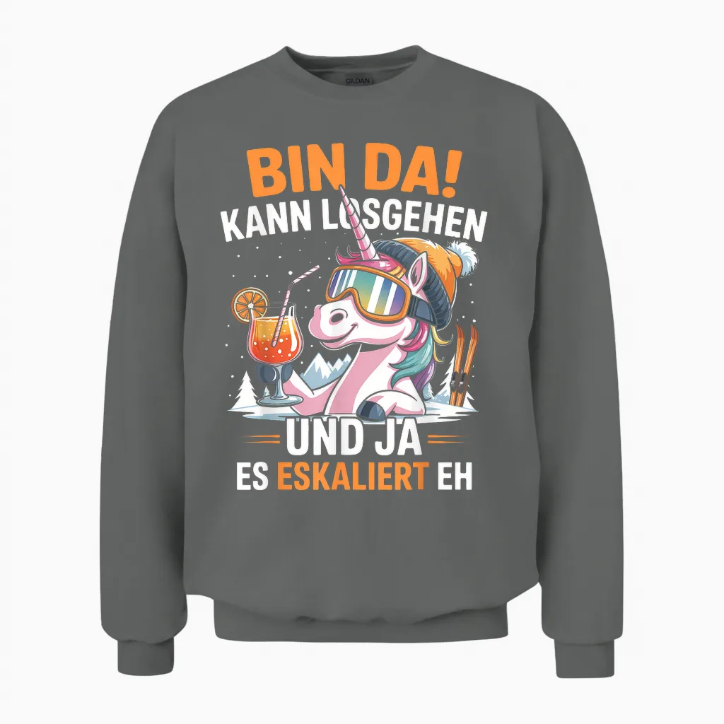 Bin Da Kann Losgehen Es Eskaliert Eh Ski Einhorn Après-Ski Unisex Sweatshirt in Graphite Heather