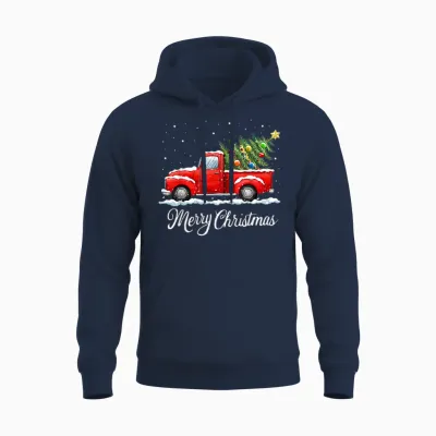 Vintage Merry Christmas Red Truck Old Fashioned Christmas Unisex Hoodie - Navy