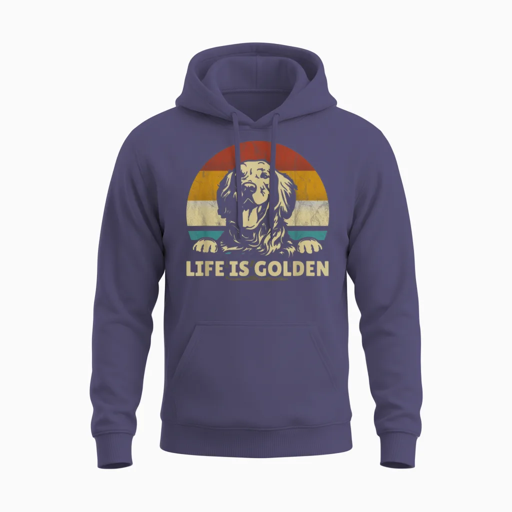 Golden Retriever Dog Life Is Golden Retro Vintage T-Shirt Small Unisex Hoodie in Heather Sport Dark Navy