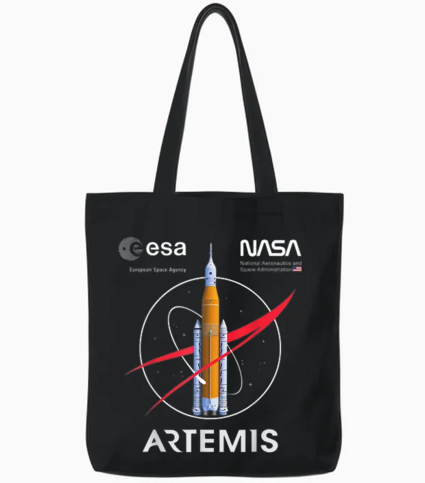 Nasa Artemis Mission Sls Worm and Esa Logo T-Shirt, Black, S Tote Bags in Black