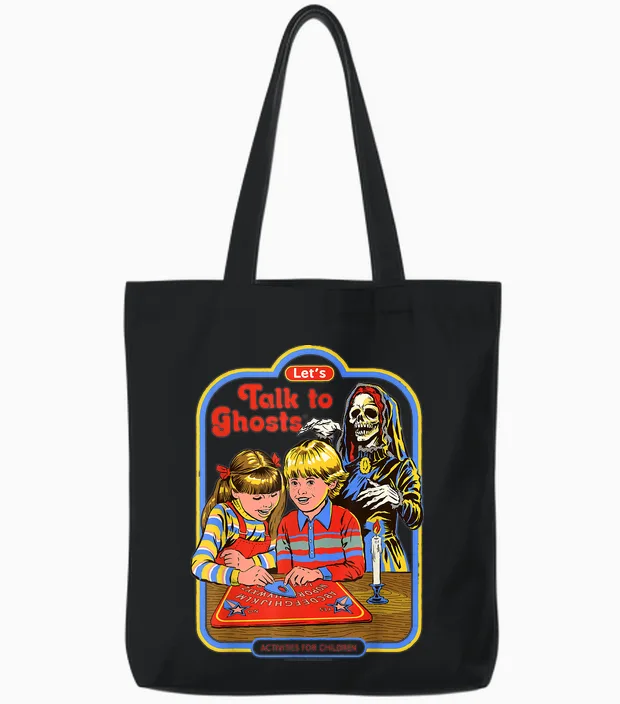 Let's Talk to Ghosts Demon Retro Vintage Funny Adult Humor Tote Bags in Black