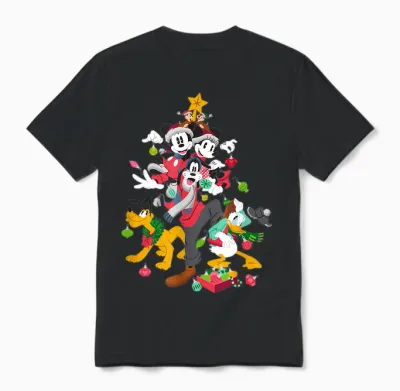 Disney Mickey Minnie Goofy Pluto Chip Dale Christmas Tree Unisex T-Shirt - Black