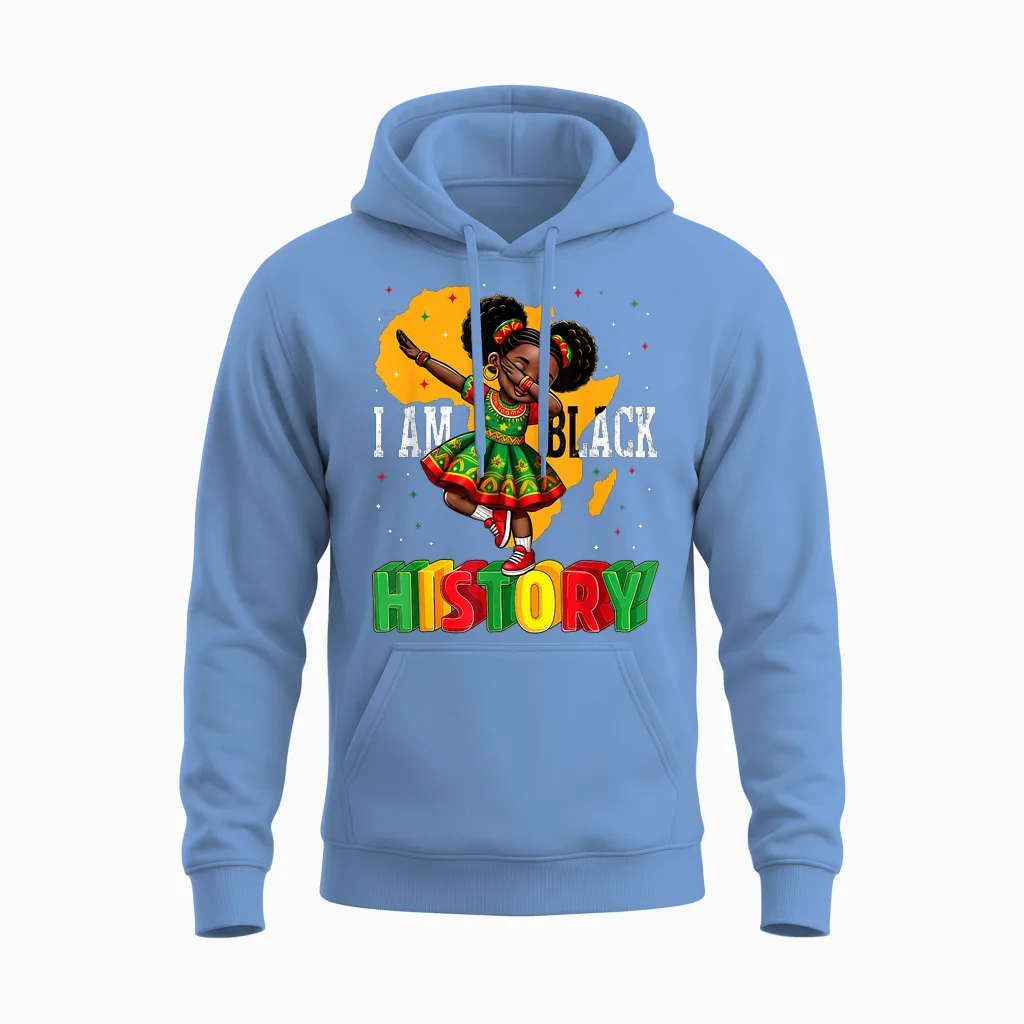 African American Girl Kid I Am Black History Month Unisex Hoodie in Carolina Blue