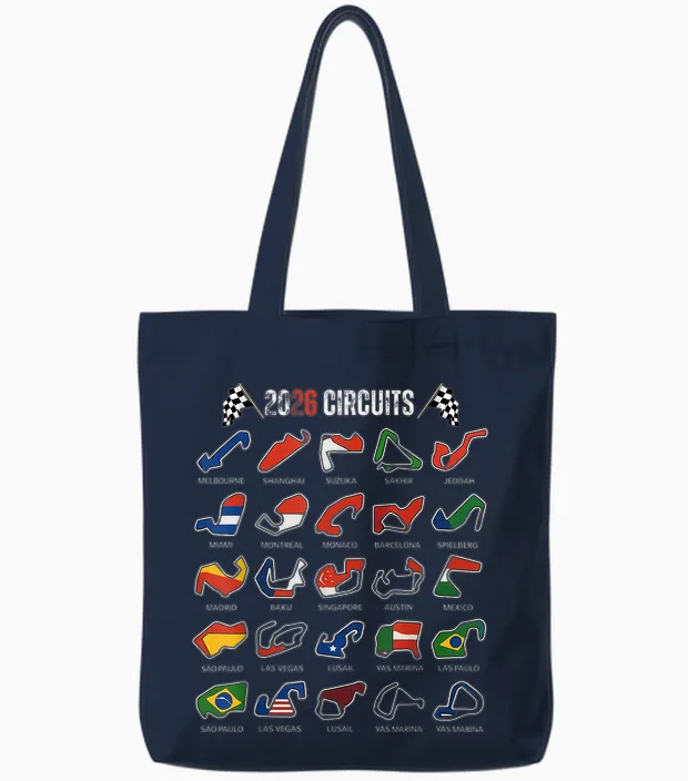 Calendar 2026 Circuit Race Car Silhouette Tote Bags in Navy