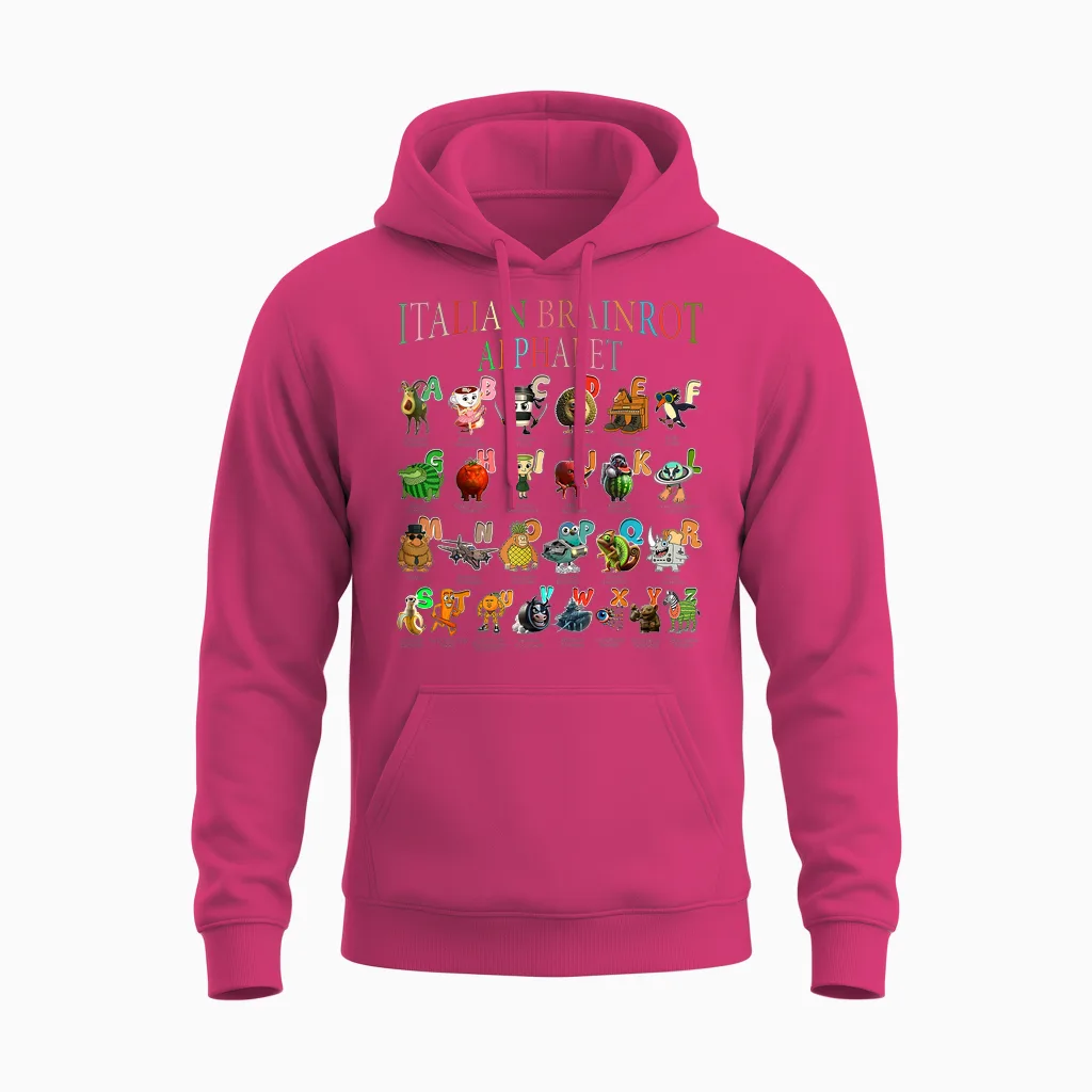 Lustige Italienische Gehirnrot-Figuren Alphabet Meme Brainrot Unisex Hoodie in Heliconia