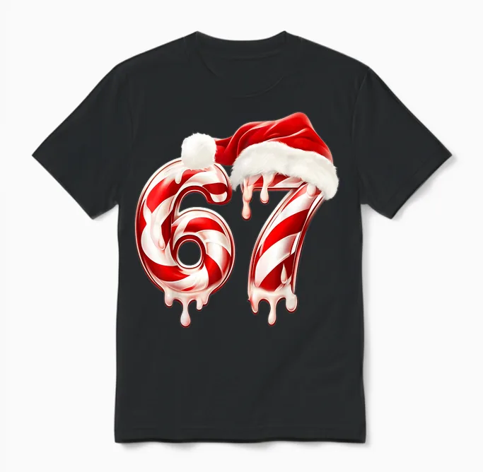 Melting Candy Cane 67 Christmas Design, Santa Hat Holiday Unisex T-Shirt in Black