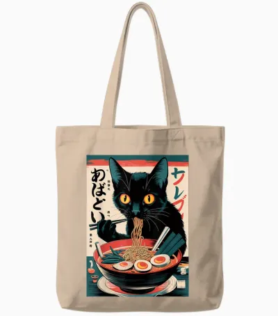 Anime Manga Kawaii Otaku Ramen Cat Christmas Gift T-Shirt, Black Tote Bags - Natural