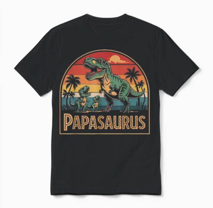 Herren Papasaurus T-Rex Dinosaurier Papa Und Vater Mit 2 Kindern Unisex T-Shirt in Black