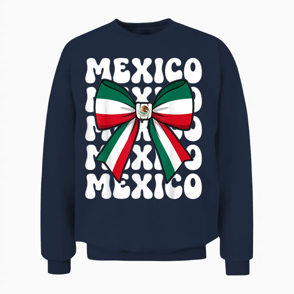 Mexico Coquette Bow Mexico Flag Cute Retro Mexican Girl Unisex Sweatshirt in Navy