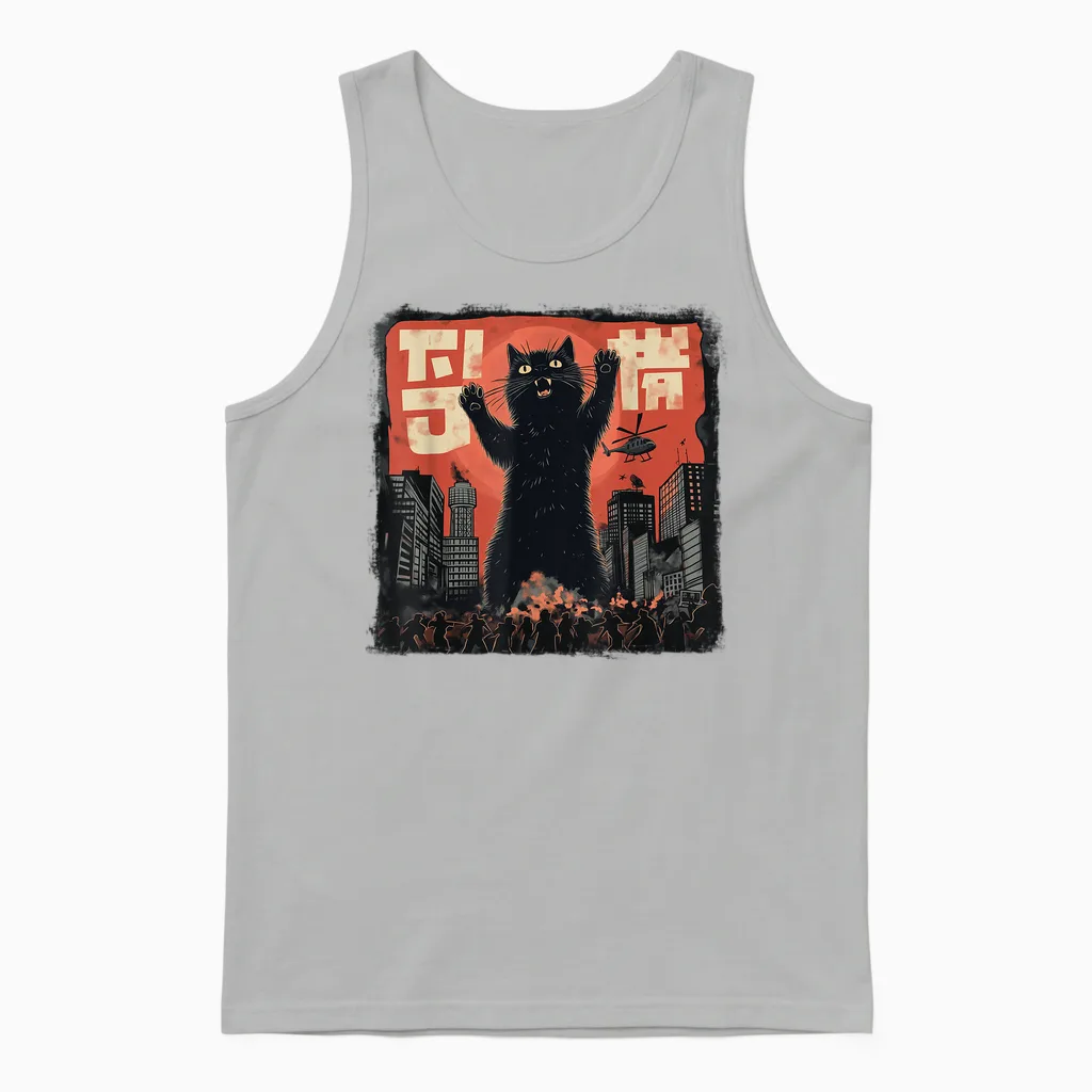 Vintage Japanese Cat Kaiju Monster Art Japan Retro Style T-Shirt, Black Unisex Tank Top in Ash