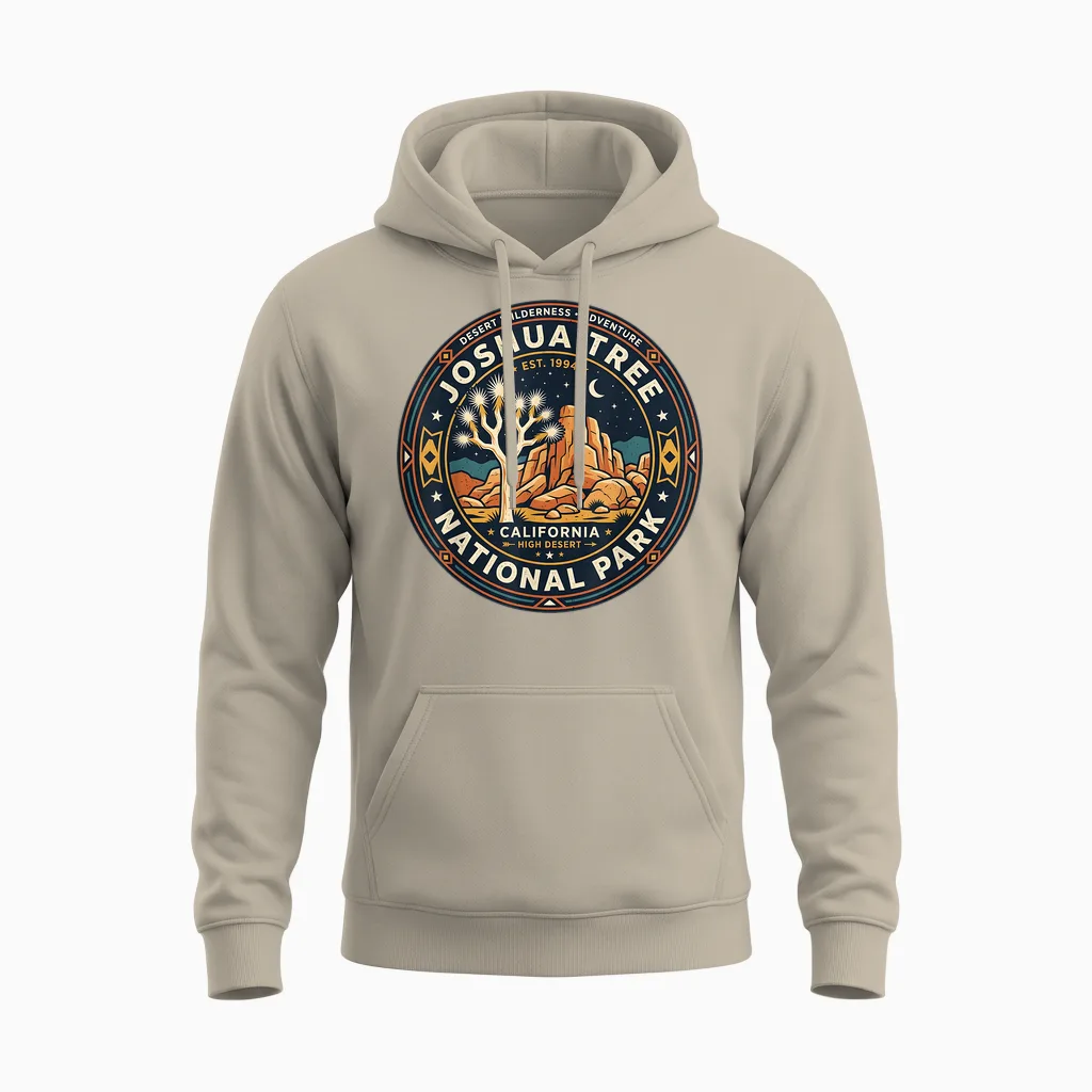 Badge Vintage Joshua Tree National Park California Unisex Hoodie in Sand