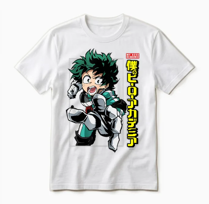 My Hero Academia Deku Action Pose with Kanji Anime Unisex T-Shirt in White