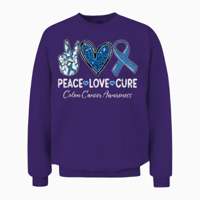 Peace Love Cure Colorectal Colon Cancer Awareness Support Unisex Sweatshirt - Purple
