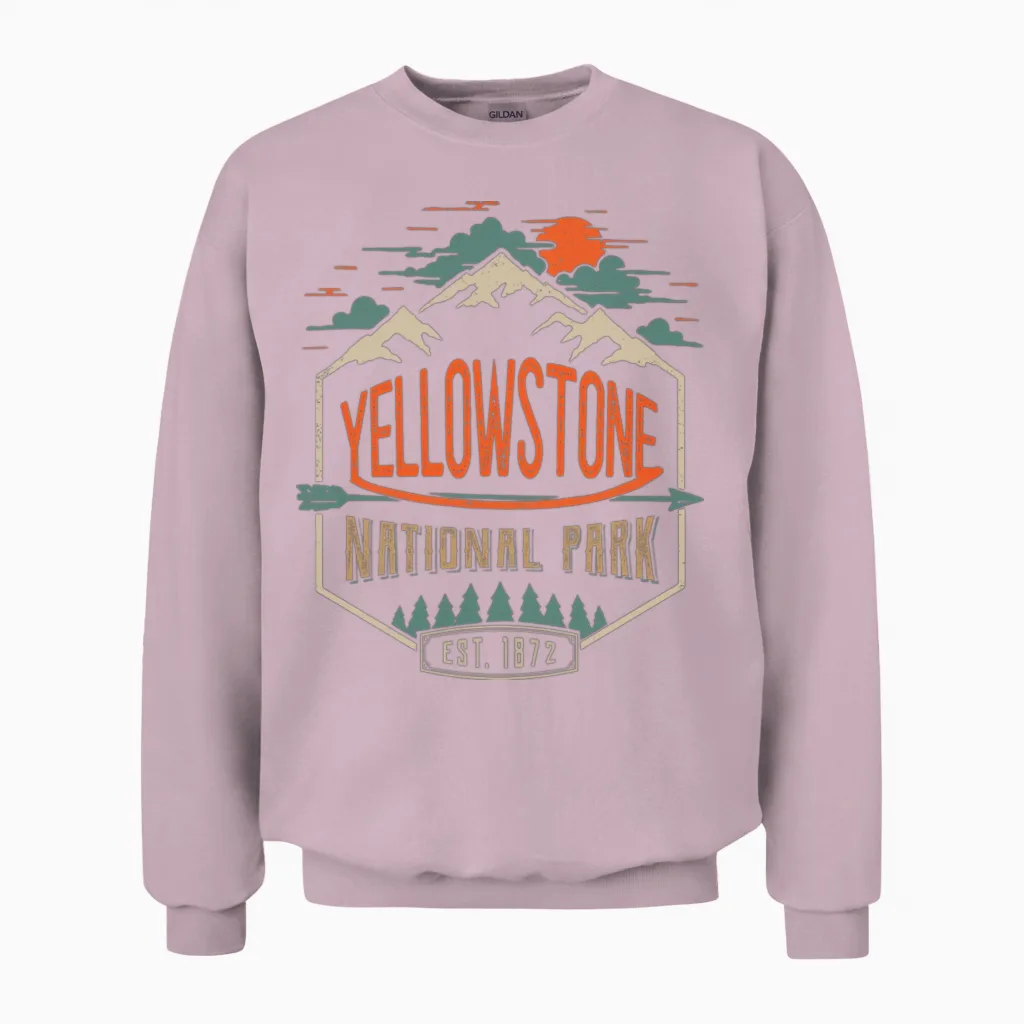 Yellowstone National Park Hiking Camping Unisex Sweatshirt in Light Pink