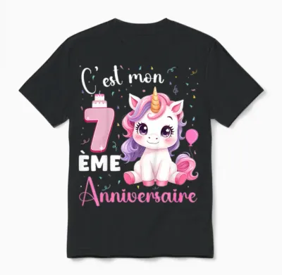 Enfant C'est Mon 7 ème Anniversaire Unicorn Birthday 7 Years T-Shirt, Black, 2 Unisex T-Shirt - Black