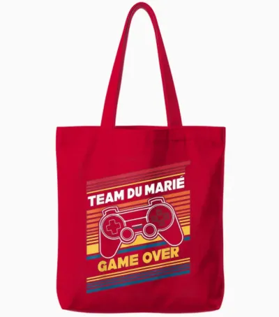 Team of the Groom Game Over Husband Geek Humour T-Shirt, Black, S Tote Bags - Red