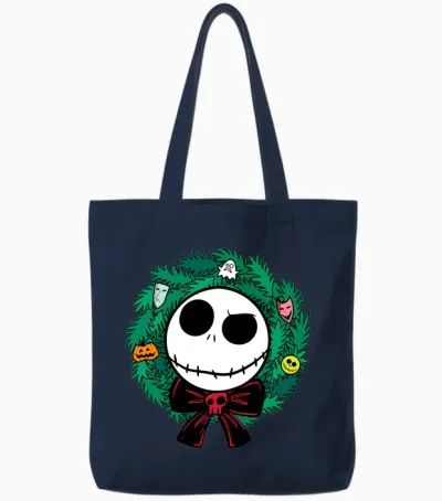 Amazon Essentials Nightmare Before Christmas Jack Festive Holiday Wreath Tote Bags - Navy