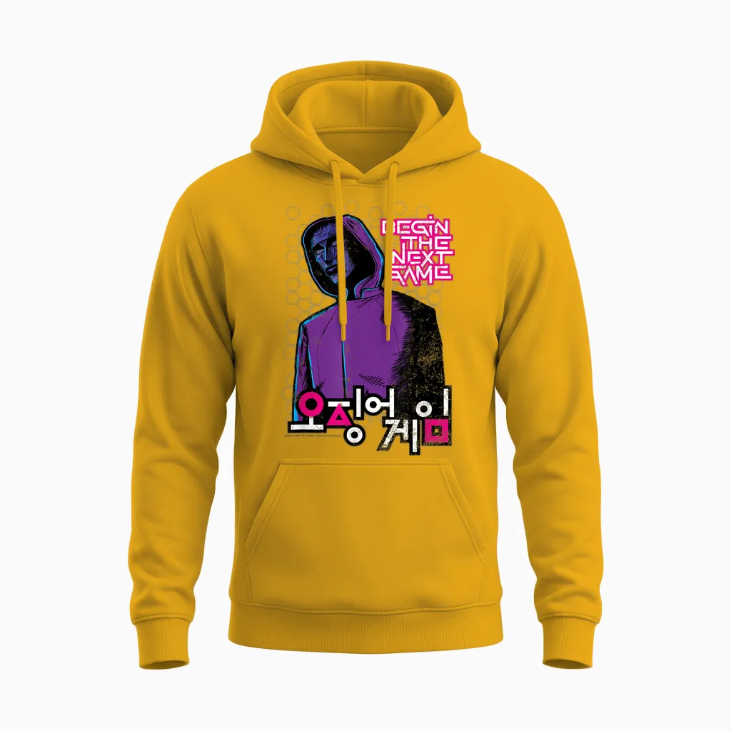 Squid Game Front Man Begin the Next Game Light Print Unisex Hoodie in Gold