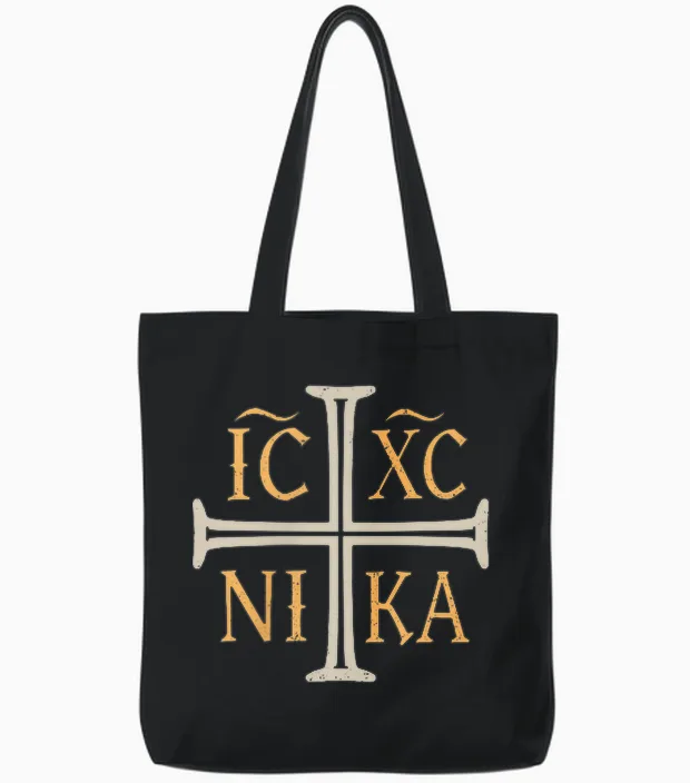 Ic Xc Nika Jesus Christ Conqueror Orthodox Christian Tote Bags in Black