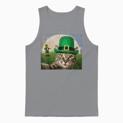 St Patricks Day Cat Selfie Leprechaun Saint Pattys Men Women Unisex Tank Top - Sport Grey