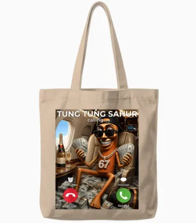 Rich Tung Sahur Money Calling Meme 67 Brainrot Luxury Vibes Tote Bags - Natural