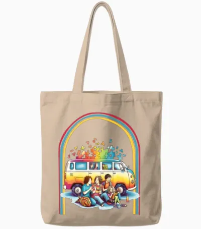 Autism Hippie Van Retro Tote Bags - Natural