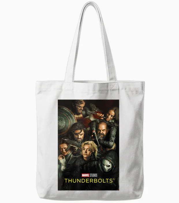 Marvel Studios Thunderbolts Official Movie Poster Art T-Shirt, Black Tote Bags in White