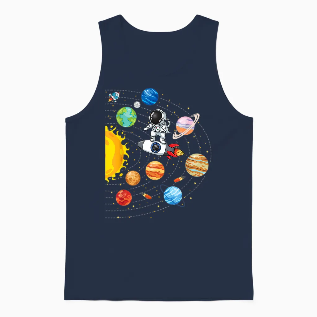 Funny Astronaut Solar System Space Planets Space T-Shirt, Black Unisex Tank Top in Navy