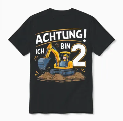 Kinder 2. Geburtstag Junge 2 Jahre Bagger Baustelle Unisex T-Shirt - Black