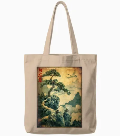 Japanese Vintage Designs Japanische Holzschnittkunst: Kraniche Und Kiefer. Japanisches Kanji Tote Bags - Natural