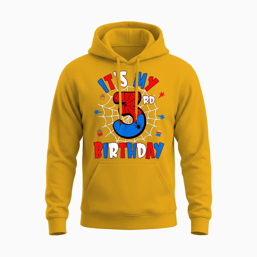 Kids It's My 3rd Birthday Spider Theme Party 3 Years Old Unisex Hoodie in Gold