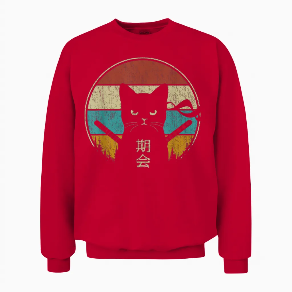 Japanese Cat Vintage Style Kawaii Retro Kitten Lover Unisex Sweatshirt in Red