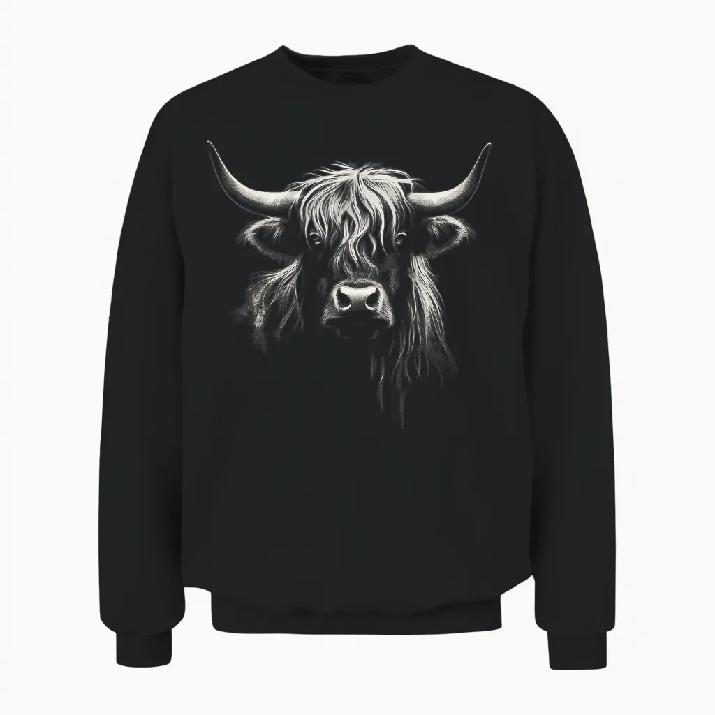 Highland Cow Farm Art Animal Drawing Graphic Highland Cow Unisex Sweatshirt in Black
